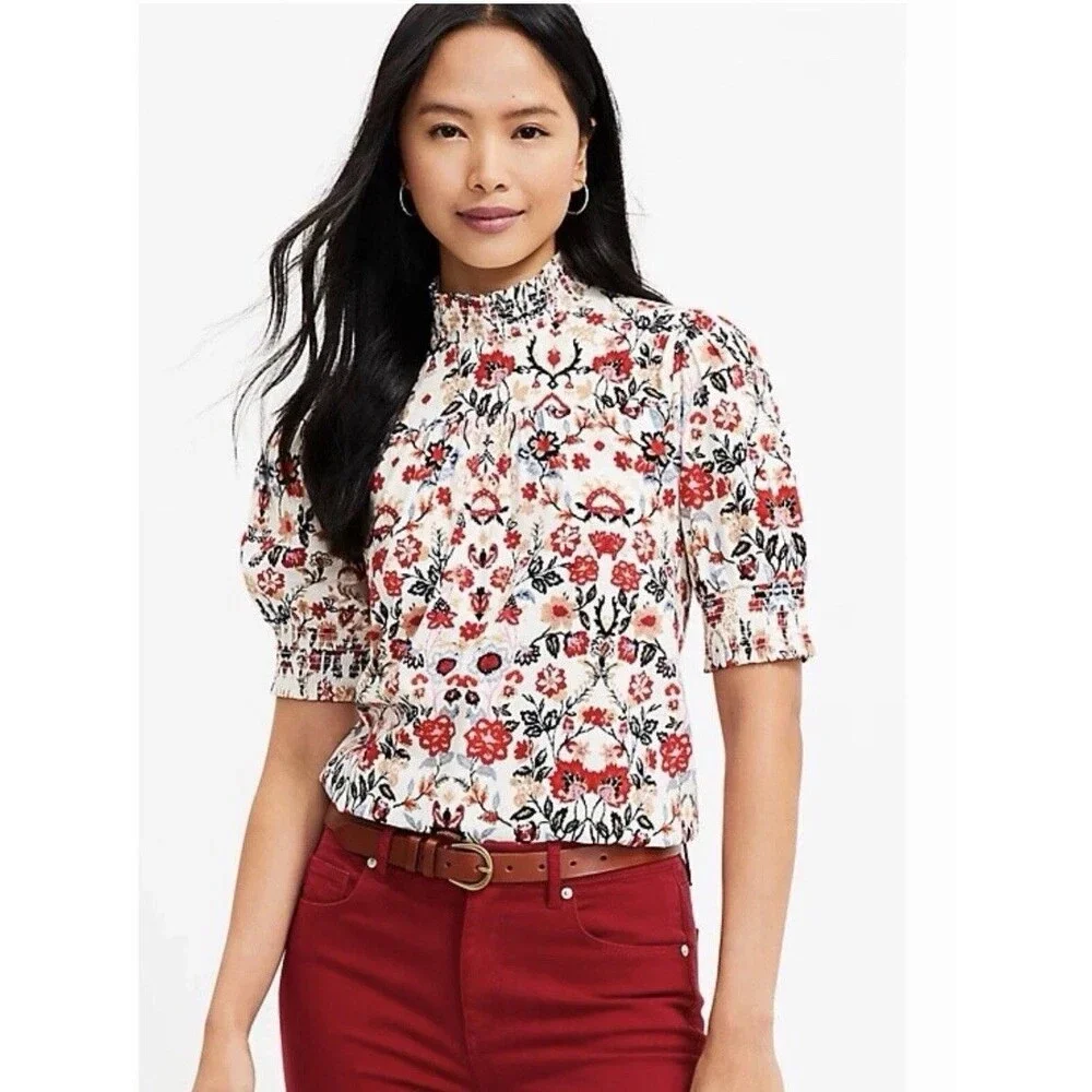NWT NEW Women’s Ann Taylor Smocked Neck Puff Shoulder Shirt Blouse Red/White XS